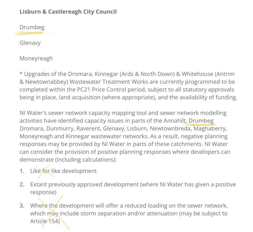 Lisburn and Castlereagh City Council NI Water sewer network capacity warning including Drumbeg. 