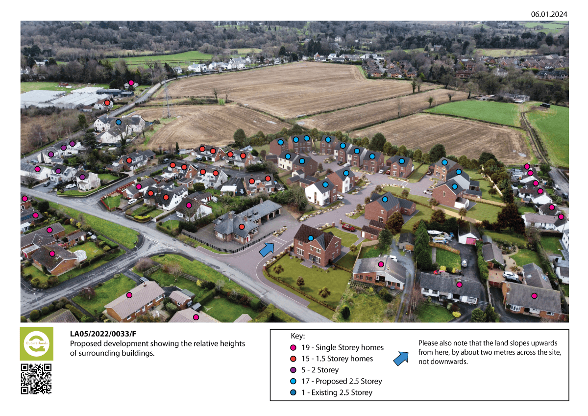 This graphic was created by the developers to show the impact of the proposed development. Quarterlands Group added the dots identifying the heights of our own homes. 
NB. Roof Space Height in the proposed designs is 3 M approx with the clear potential for Loft Conversions.