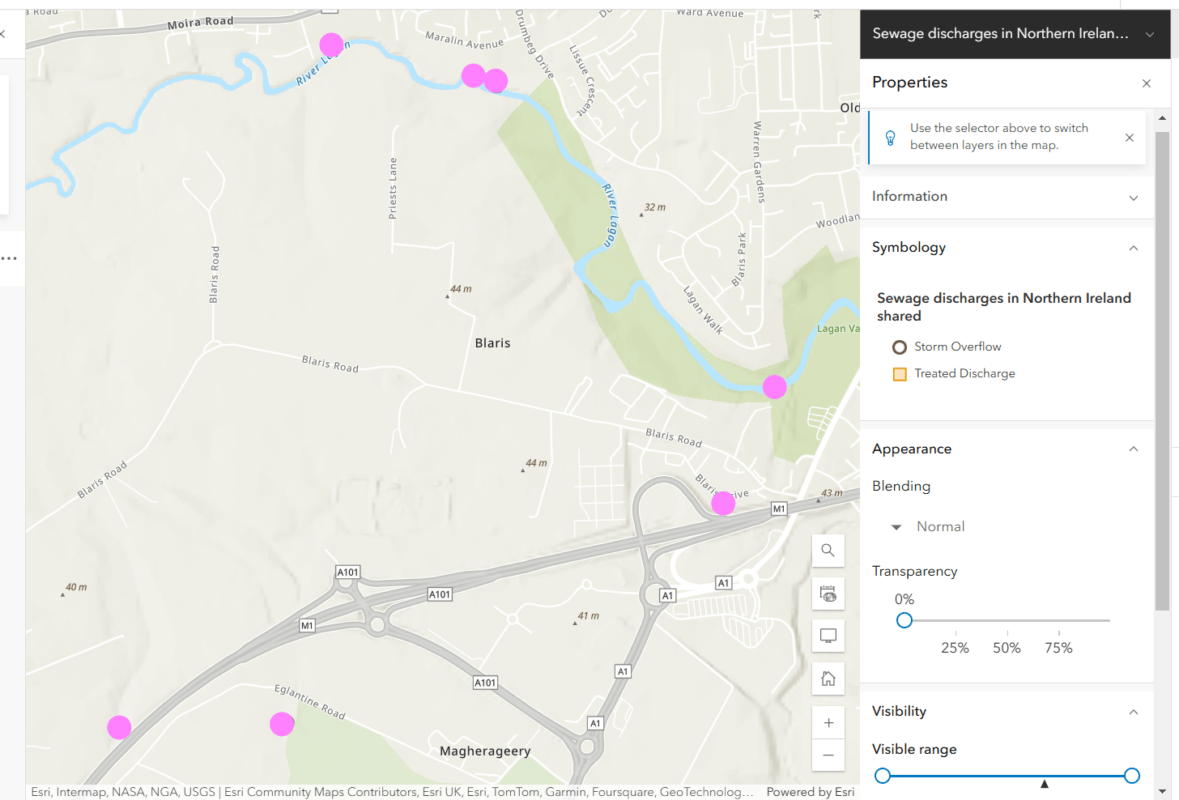 Blaris Site showing sewage CSO and Pumping Stations in relation to the River Lagan